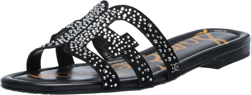 New In Box Sam Edelman Women's Bay Flat Sandal Black Suede Gem 6 Medium NIB